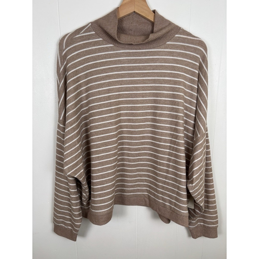 NWT Lucky Brand Size Large Soft Cloud Lightweight Striped Sweater Mock Neck Tan